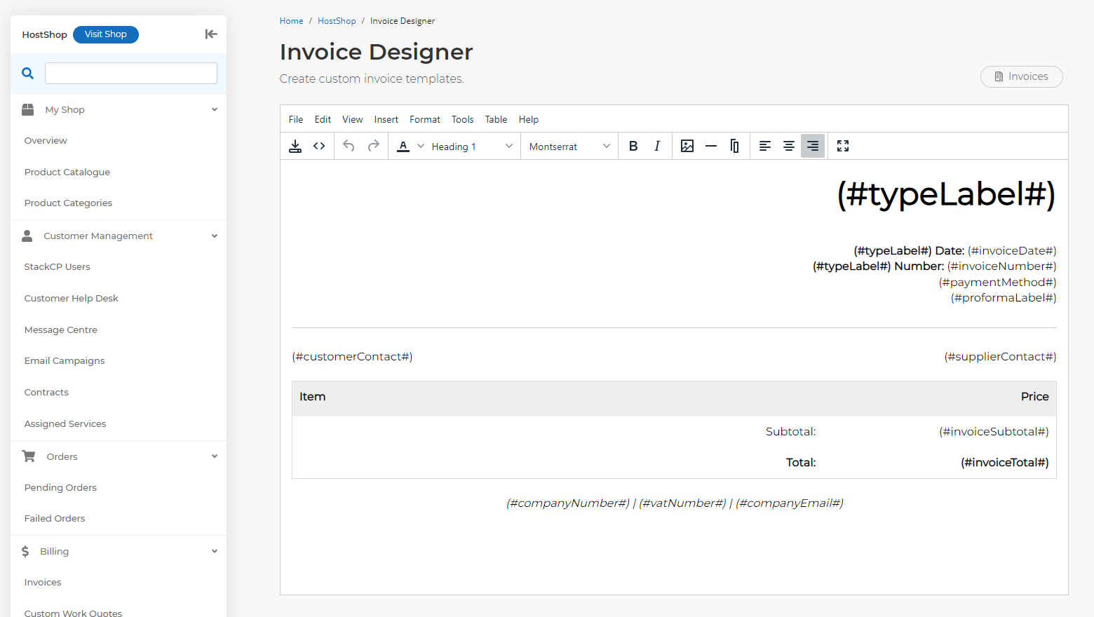HostShop Invoice Designer page