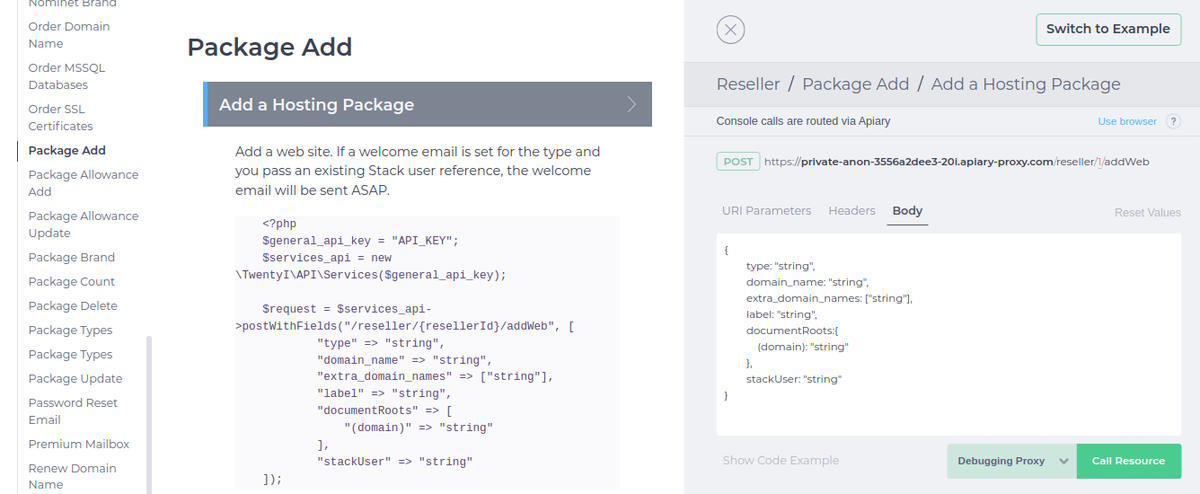 Reseller hosting API responses example add hosting package