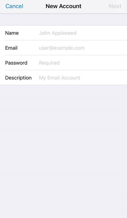 iOS New email account