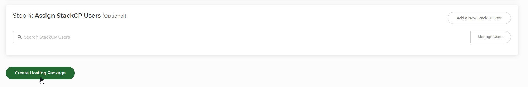 Screenshot showing the Create Hosting Package button
