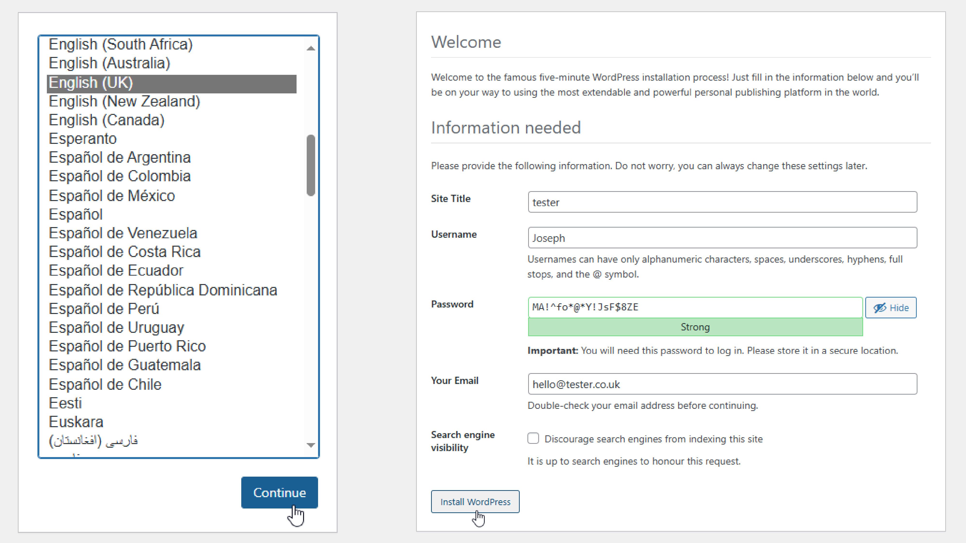 Screenshot showing the WordPress Language Selection and Information Needed stages of the WordPress installation process