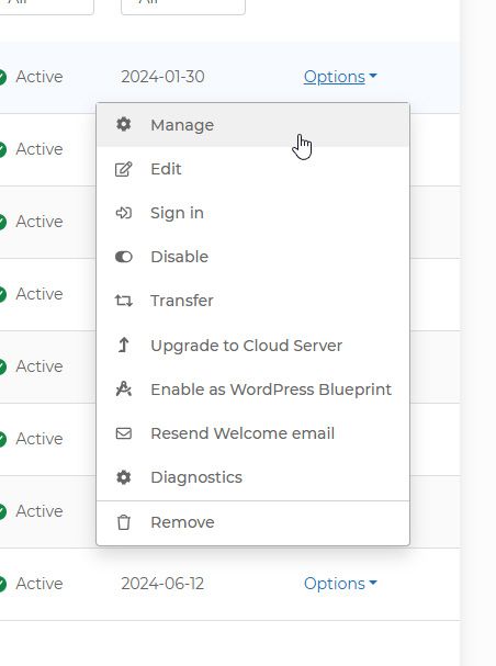 Screenshot showing the Options and Manage sections of the package management dropdown menu