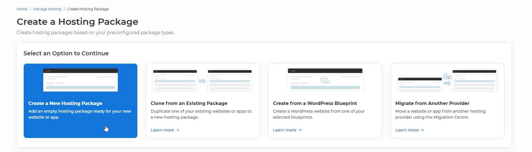 Screenshot showing the Create a New Hosting Package option