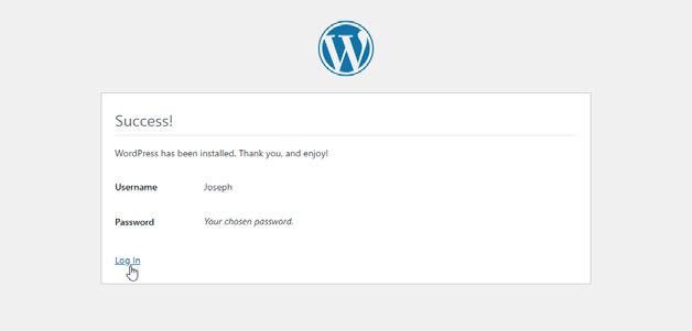 Screenshot showing WordPress Success screen that shows after installation is complete