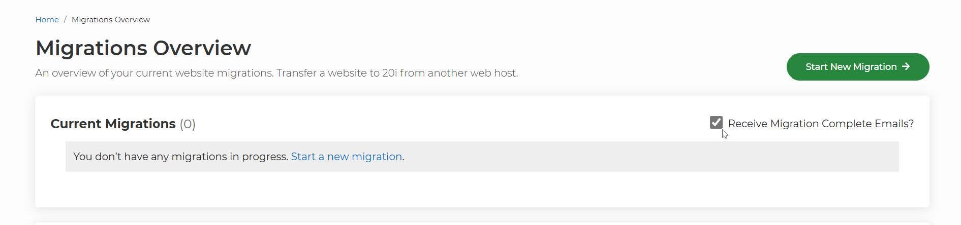 Screenshot showing the checkbox to toggle Migration Complete Emails function of the Migrations Overview control panel on My20i