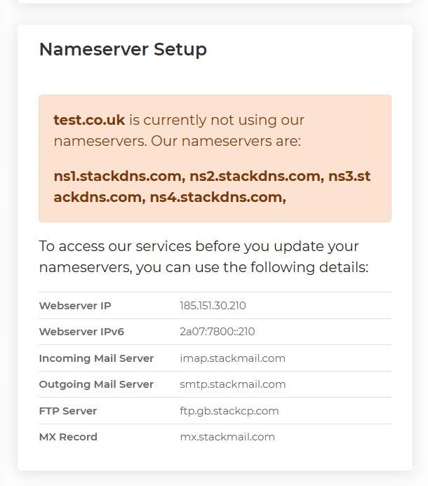 Screenshot showing an example of the Nameserver details required for this step