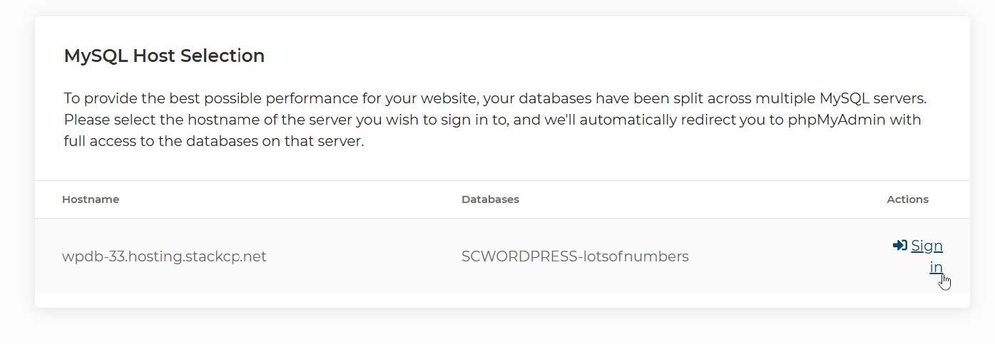 Screenshot of the MySQL database sign in part of phpMyAdmin