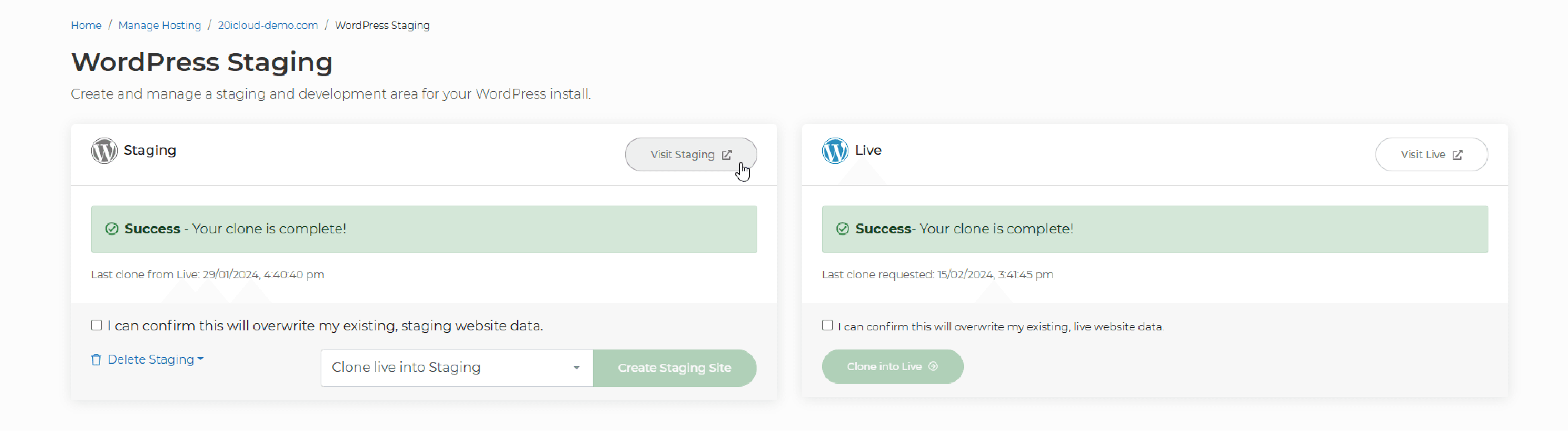 Screenshot showing the Visit Staging button within the WordPress Staging interface