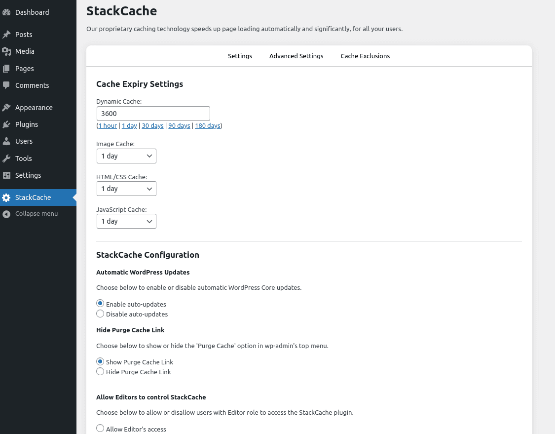 StackCache's Settings