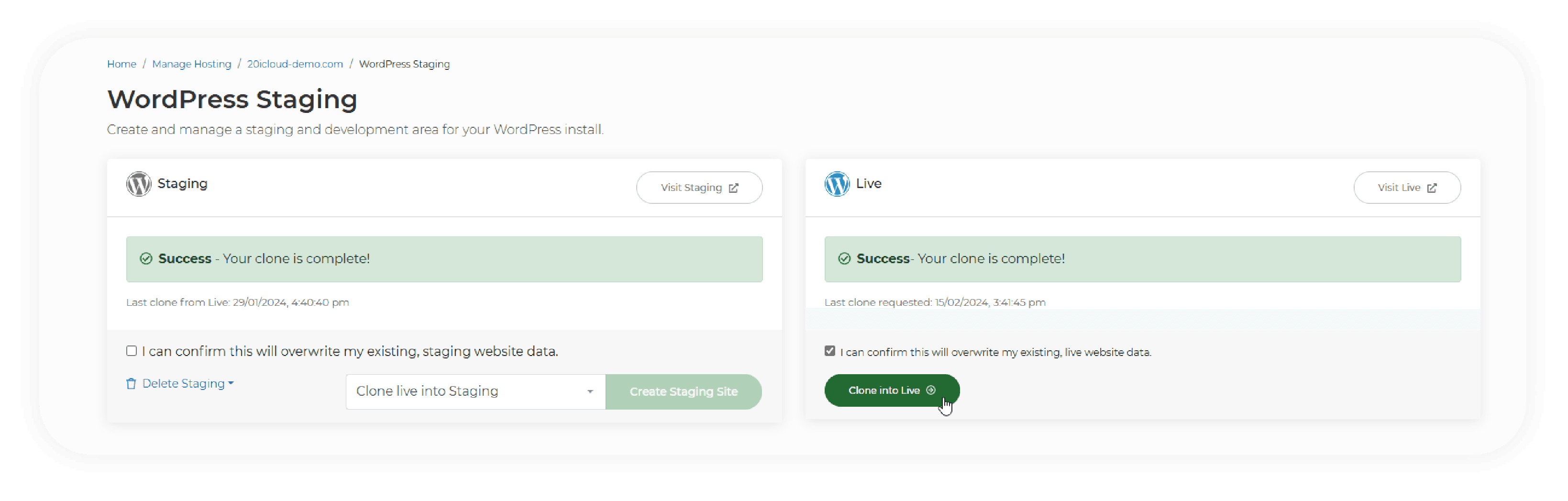 Screenshot showing the Clone to live button of the WordPress Staging interface