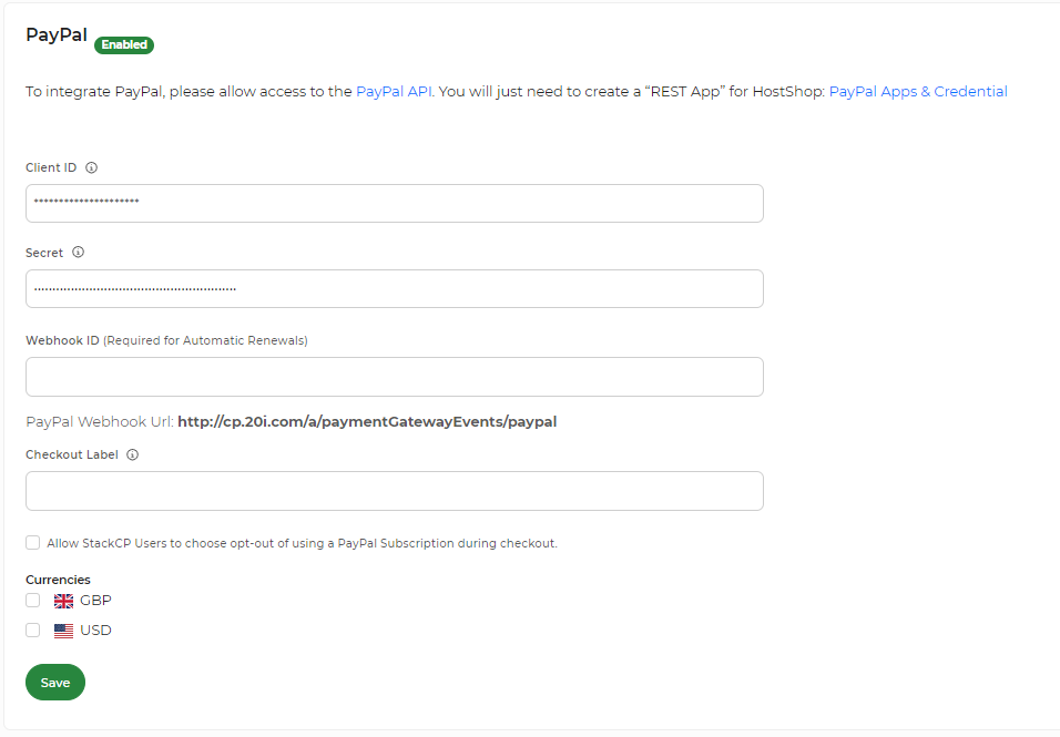 PayPal app credentials